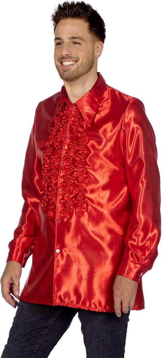 Jaren 80 & 90 Kostuum | Knallend Rode Foute Ruchesblouse Satijn Disco Party Man | Maat 56 | Carnaval kostuum | Verkleedkleding